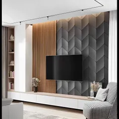 This TV unit design combines a 3D geometric accent wall with fluted wood panels. The floating white console and single armchair create a stylish, contemporary look.