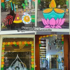 A collage showcasing various Diwali-themed glass paintings. You can see designs featuring bright diyas on lotuses, firecrackers, and traditional patterns, all designed to bring the festival of lights to your storefront.