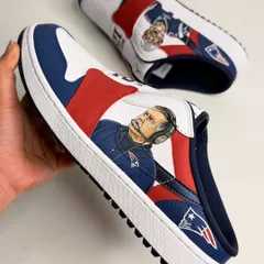 The left foot of the Patriots pair features a hand-painted portrait of the legendary coach, Bill Belichick. Capturing his focused expression was a key part of this design.