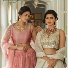 A jewelry campaign shoot where I styled two models in contrasting lehengas. The soft pink and elegant white outfits provide the perfect canvas to showcase the stunning diamond and gemstone jewelry sets.