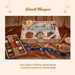 An exclusive festive hamper designed for a delightful Diwali. It includes three jars of premium dry fruits like cashews and almonds, alongside a box of 12 praline chocolates and 6 pieces of authentic Turkish delight.