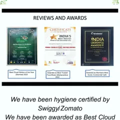 A compilation of my awards and certifications. This includes being named 'Best Cloud Kitchen of the Year 2023', 'India's Most Trusted Food Brand 2022', and receiving an India Leadership Award for 'Mumbai's Best Exotic Continental Cafe'.