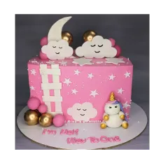 Another adorable "Halfway to One" cake, this time with a unicorn and sleepy clouds theme. This is a fresh mixed fruit cake, perfect for a little princess's six-month milestone.