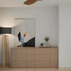 This simple and elegant chest of drawers provides ample storage while maintaining a minimalist aesthetic. Paired with a modern floor lamp and abstract art, it completes the room's decor.