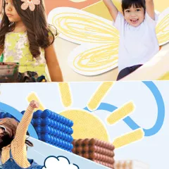 Joyful learning and creative expression. This collage shows children engaged in painting and building, with their happy faces reflecting the fun they have while learning.