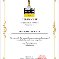 We are proud to receive this certificate recognizing that students from The Music Gurukul have achieved award-winning results. This is a victory for our hardworking students.