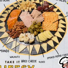 A detailed look at one of my "Take It Cheesy" platters. This board is generously packed with various hams, salami, multiple cheeses, crackers, nuts, olives, and grapes.