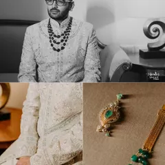 A collage of the groom's getting-ready moments, focusing on his elegant sherwani and the details of his emerald jewelry.