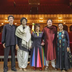 The full ensemble of artists for the 'Jazz meets Kathak' show at the Royal Opera House. It was a privilege to collaborate with such a diverse and talented group of musicians and dancers.