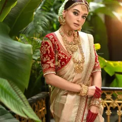 A full-length bridal portrait featuring a stunning off-white and red saree. The lush green background makes the traditional attire pop, and the use of natural light adds a soft, radiant glow to the scene.