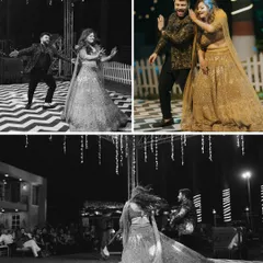 Capturing the fun and energy of the Sangeet night. The couple owns the checkered dance floor in these dynamic shots, showing how the right setup encourages a great party.