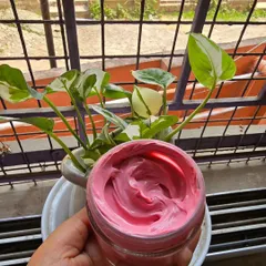 My Rose Calamine Facepack held up against a natural background. This pack is wonderful for soothing the skin, reducing dark spots, and controlling excess oil.