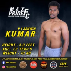P J Ashwin Kumar is another one of our talented fighters stepping up to compete in the lightweight division at Max Pride FC. We prepare our athletes to be ready for any opportunity.