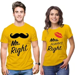 The classic 'Mr. Right' and 'Mrs. Always Right' couple t-shirt set, available in bright yellow.
