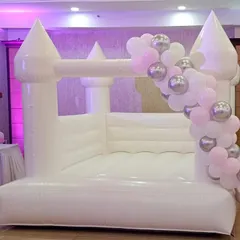 For a clean and modern look, we offer this all-white bouncy castle. It serves as a blank canvas that can be customized with balloon garlands to match any party's color scheme.