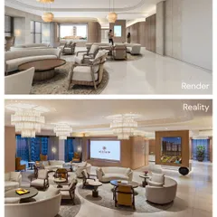 This render-to-reality comparison of a sales lounge demonstrates our ability to translate complex spatial arrangements and lighting schemes into a finished environment. The final photo shows how the planned furniture groupings, ceiling details, and ambient lighting came together to create the intended sophisticated and welcoming atmosphere.