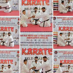 This collage captures the formal tradition of belt grading exams, where students respectfully receive their new belts from their sensei after demonstrating their skills.