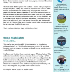 A page from our newsletter highlighting key achievements, including winning Deaf Olympics medals, hosting our first ITF Women's tournament, and conducting corporate training programs.