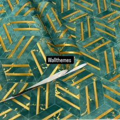 A close-up of a luxurious geometric wallpaper combining a teal marble effect with bold gold lines.