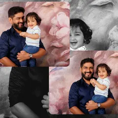 This collage shows how a single photo can be presented in different ways, including a classic black and white version that highlights the child's joyful expression.