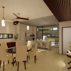 The dining and kitchen area in our Hollywood Town project opens directly onto the garden. The open-plan layout and large windows ensure that daily activities are always connected to the natural surroundings.