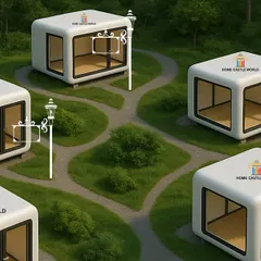 Our "Glass Haven" pods arranged in a resort-style layout. These minimalist cabins are perfect for creating unique hospitality experiences, offering guests a private and stylish connection to nature.