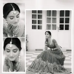 A timeless black and white collage of a bride, featuring elegant close-ups and a full-length portrait that emphasizes the grace of her wedding attire.