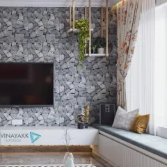 For this living area, I combined a stone-textured accent wall with a practical window seat. The floating TV console keeps the floor clear, and the custom hanging shelf is perfect for adding a touch of greenery.
