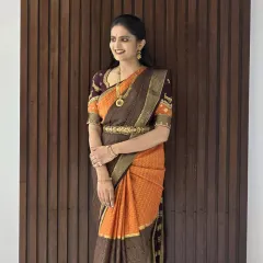 Another beautiful shot of our client in her custom pure Mysore crepe silk saree. Her smile says it all.