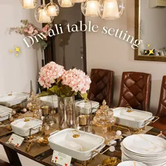 An elegant Diwali dinner table set for an intimate celebration at home. I believe in creating a complete experience, where the beautiful serveware and decor are as delightful as the food itself.