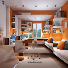To ignite the mind, a study space should be vibrant and organized. For this room in Satna, I used an energetic orange accent wall balanced with white shelving and comfortable seating to create a dynamic environment for learning.