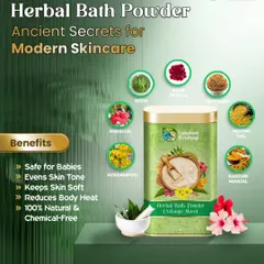 Our Herbal Bath Powder, or Nalangu Maavu, is a recipe passed down from my grandmother. This image showcases the natural, chemical-free ingredients like neem, rose petals, and turmeric that make it a safe and traditional cleanser for even a baby's delicate skin.