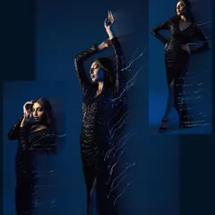 An artistic studio portrait demonstrating our creative techniques. This collage uses motion blur and dramatic blue lighting to capture a model in a sequined black gown, creating a sense of movement and glamour for high-end fashion photography.