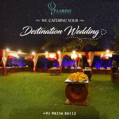 We specialize in catering for your destination wedding. This beautiful outdoor setup under the stars, with elegantly decorated food stalls, shows how we create a magical dining atmosphere in any location.