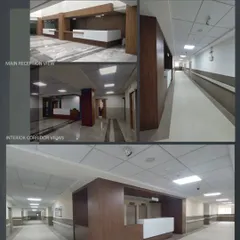 Interior views of the main reception and corridors at St. John's Hospital. The design uses durable materials and clear wayfinding to manage high traffic, ensuring a smooth experience for patients and staff.