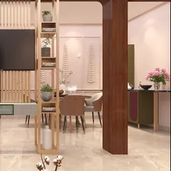 A view from another angle, showing how the wooden partition artfully separates the living and dining areas while maintaining an open, connected feel.