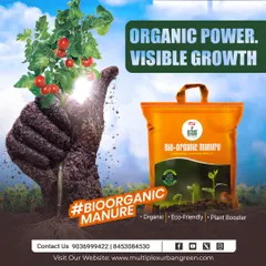 Experience the power of organic with our Bio-Organic Manure. This image captures the essence of our product: a handful of rich, natural matter that translates directly into visible, vibrant growth for your plants, like these healthy tomatoes.