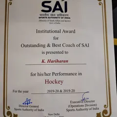 I am honored to have received the Institutional Award for Outstanding & Best Coach from the Sports Authority of India (SAI). This recognition reflects my commitment to developing elite hockey talent and pushing the boundaries of coaching in India.