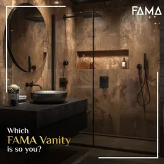Which vanity style is so you? This bold, industrial-inspired bathroom features a dark, monolithic vanity with a vessel sink and matte black fixtures, creating a strong and confident design statement.
