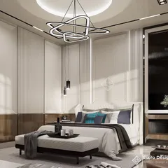 In this bedroom concept, I focused on creating a sense of height and luxury. The design features tall, paneled walls with wood accents, a striking modern chandelier, and layered pendant lighting to create a sophisticated and restful atmosphere.