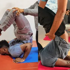 This shows my own progress in Vrischikasana (Scorpion Pose) over eleven months. The journey of recovery is not linear; it requires patience and trust in the process, a lesson I bring into every session with my students.