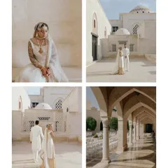 A collage of artistic black and white portraits of the couple at the Ismaili Centre in Dubai. The modern architecture and clean lines are perfect for a monochrome study.