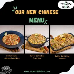 Explore the deliciousness of our new Chinese menu. This image showcases our Butter Garlic Chicken Fried Rice, Egg Fried Rice, and Egg Noodles, perfect for garlic lovers.
