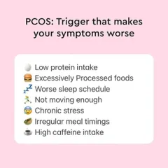 A quick list of triggers that can make your PCOS symptoms worse, including low protein intake, poor sleep, chronic stress, and irregular meals.