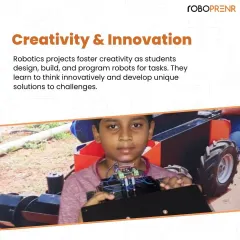 Creativity and innovation are at the heart of our robotics projects. This student proudly displays his creation, a unique solution developed by designing, building, and programming a robot to perform a specific task.
