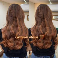 A beautiful caramel brown global color, styled with a simple knot and soft waves.