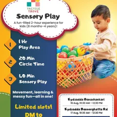 A poster for our Sensory Play sessions in collaboration with Tactile Trove, outlining the 2-hour experience that includes play area access, circle time, and messy fun.