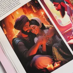 A close-up from my feature in Creative Gaga magazine, showing one of my favorite illustrations of a couple sharing a moment by candlelight. It was an honor to see my work that explores themes of Sikh love and togetherness highlighted in print.