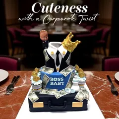Cuteness with a corporate twist. This custom Boss Baby cake features a fondant suit, a golden crown, and edible money, all packed into a briefcase design for a first birthday that means business.
