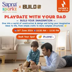 A special Father's Day event! This "Playdate with Your Dad" poster invites families to dive into a world of construction and design, building imagination with simple crafts and complex structures.